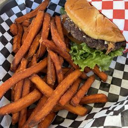 Mushroom Swiss Burger & Sweet Potato Fries