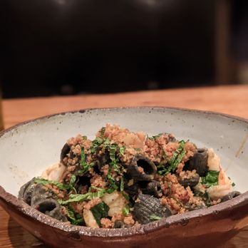 Husk - Ink rigatoni with shrimp - American Near Me - Charleston, South Carolina Husk - Ink rigatoni with shrimp - American Near Me - Charleston, South Carolina