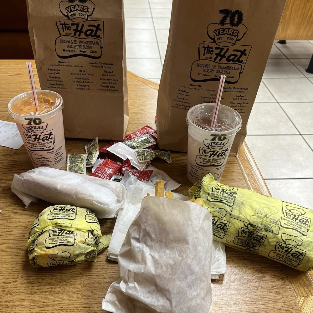 The Hat - Two small drinks, small fries, hotdog, jr. Cheeseburger and pastrami sandwich - American Near Me - Temple City, California The Hat - Two small drinks, small fries, hotdog, jr. Cheeseburger and pastrami sandwich - American Near Me - Temple City, California