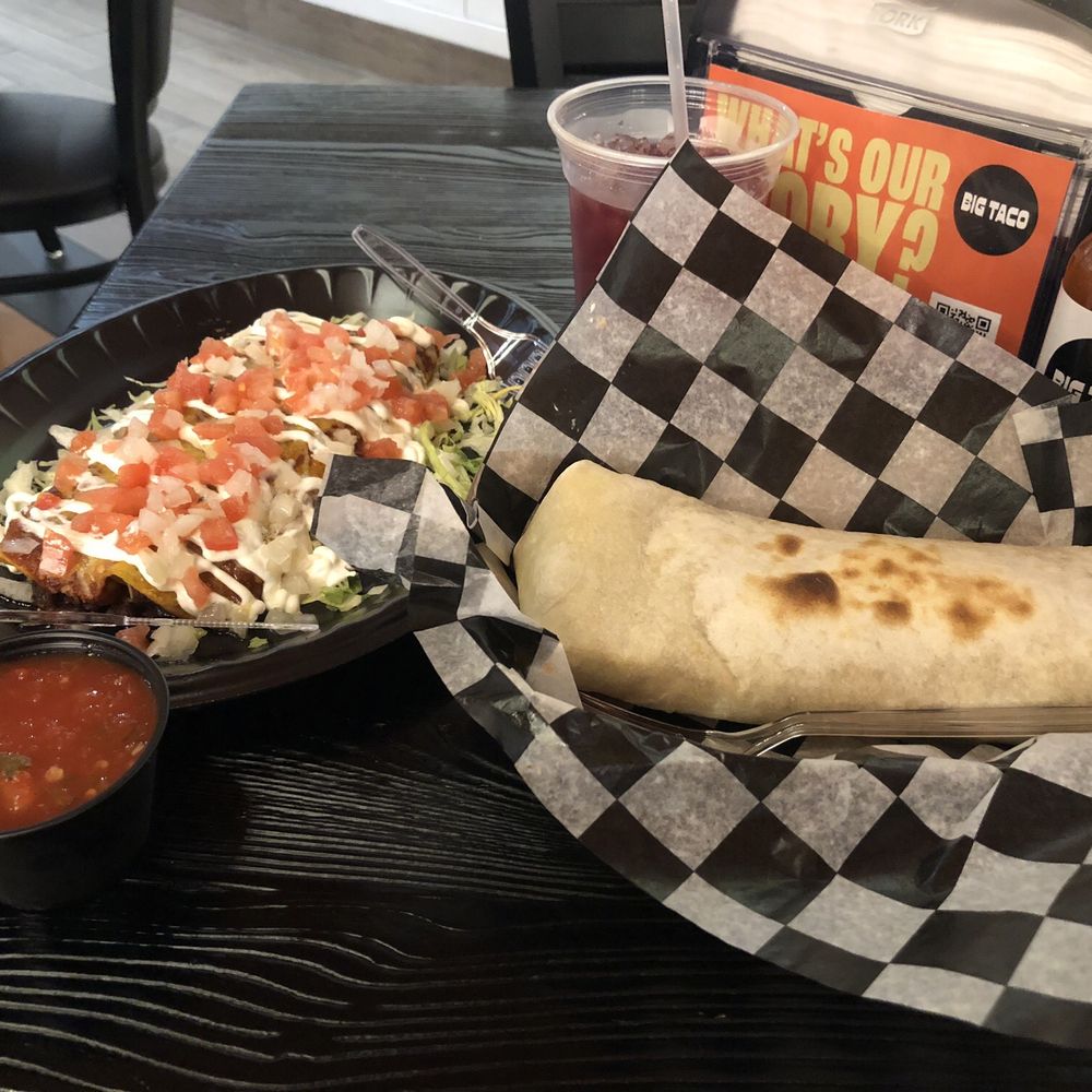 Big Taco - Bean enchilada and bean burrito fully loaded minus onions. - Tacos Near Me - Casselberry, Florida Big Taco - Bean enchilada and bean burrito fully loaded minus onions. - Tacos Near Me - Casselberry, Florida