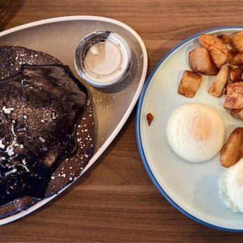 Scramblers Cafe - Ube Coconut Pancakes and Poached Eggs and Home Fried Potatoes - Breakfast & Brunch Near Me - Ontario, California