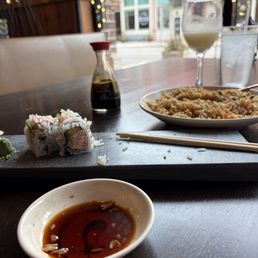 California roll, fried rice, and nigori sake for lunch California roll, fried rice, and nigori sake for lunch