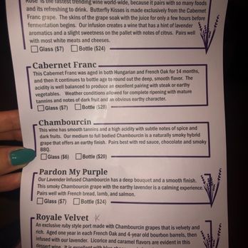 Purple Wolf Vineyard - Back side of wine menu with reds - Wine Tasting Room Near Me - Harrisonburg, Virginia