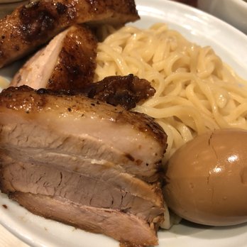 Menya le Nood - Super Menya Tsukemen (XL amount of noodles, roast Pork 3 pieces, and Egg perfectly done with the egg yolk. YUMMY!) soup base is separate - Ramen Near Me - Honolulu, Hawaii