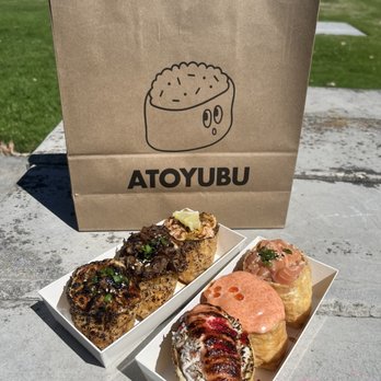 Atoyubu - from left to right 1st row: eel, bulgogi, lemon pepper salmon 2nd row: myungran crab, creamy myungran, fresh salmon - Japanese Near Me - Buena Park, California Atoyubu - from left to right 1st row: eel, bulgogi, lemon pepper salmon 2nd row: myungran crab, creamy myungran, fresh salmon - Japanese Near Me - Buena Park, California
