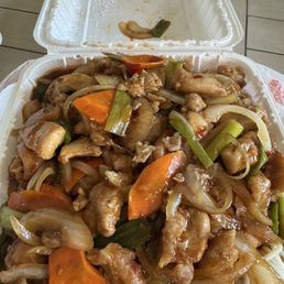 Thai Spicy Chicken over pan fried noodles