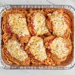 Bari Pasta & Pizza - Chicken Parm w/ Spaghetti Tray: Half Tray serves 10 and Full Tray serves 20