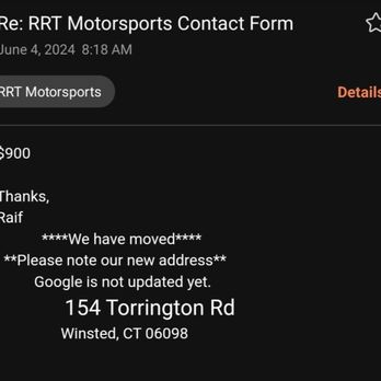 RRT Motorsports - New starting prices, which are not reflected on his website. Raif claims the site has not been updated and was quite rude about this. - Auto Repair Near Me - Winsted, Connecticut RRT Motorsports - New starting prices, which are not reflected on his website. Raif claims the site has not been updated and was quite rude about this. - Auto Repair Near Me - Winsted, Connecticut