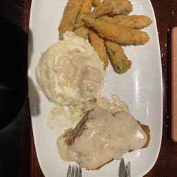 My chicken fried steak, mashed potatoes and okra spears. My chicken fried steak, mashed potatoes and okra spears.