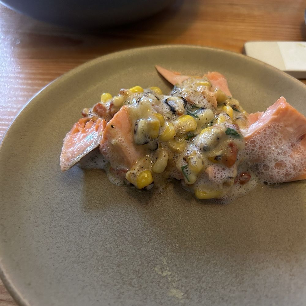 De L'ile restaurant - Sockeye salmon with corn that was served with a foam emulsion - - Bakeries Near Me - Qualicum Beach, British Columbia