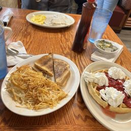 My Belgian waffles and sides of Cinnamon Toast and Hash Browns.