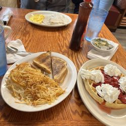 Bill's Diner - My Belgian waffles and sides of Cinnamon Toast and Hash Browns.