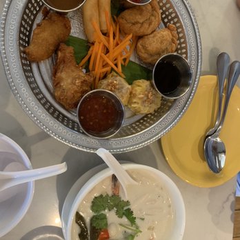 Kin'd - Deluxe Appetizer Combo and S2. Galanga Tom Kha Soup with shrimp - Thai Near Me - Fresh Meadows, New York