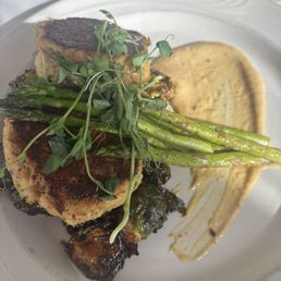 Crab cakes and Brussels sprouts