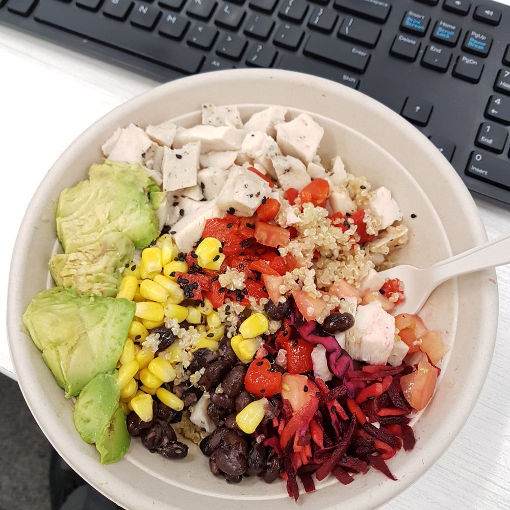 Freshii - Custom quinoa with corn, beans, beets, tomatoes, red peppers, sesame seeds, avocado and double chicken with Greek yogurt ranch - Salad Near Me - Toronto, Ontario Freshii - Custom quinoa with corn, beans, beets, tomatoes, red peppers, sesame seeds, avocado and double chicken with Greek yogurt ranch - Salad Near Me - Toronto, Ontario