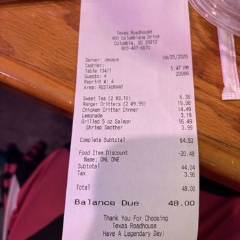 Texas Roadhouse - Adjusted receipt - Steakhouses Near Me - Columbia, South Carolina Texas Roadhouse - Adjusted receipt - Steakhouses Near Me - Columbia, South Carolina
