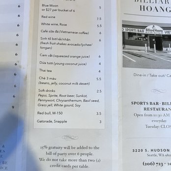 Billiard Hoang - Menu as of August 2022 - Vietnamese Near Me - Seattle, Washington Billiard Hoang - Menu as of August 2022 - Vietnamese Near Me - Seattle, Washington
