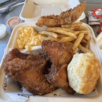 Mike's Chicken - Mac and cheese, spicy tender, French fries, two chicken breasts, and biscuit - Chicken Shop Near Me - Dallas, Texas