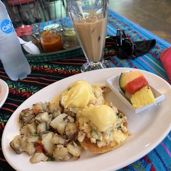 Mamas Royal Cafe - Lobster Benedict with potatoes and fruit & Iced Coffee - Breakfast & Brunch Near Me - Cabo San Lucas, BCS