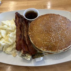 Egg whites, crispy bacon, and pancakes
