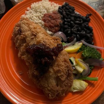 Goombays Grille & Raw Bar - Pecan crusted Grouper with beans and rice also vegetables. - Seafood Near Me - Kill Devil Hills, North Carolina Goombays Grille & Raw Bar - Pecan crusted Grouper with beans and rice also vegetables. - Seafood Near Me - Kill Devil Hills, North Carolina