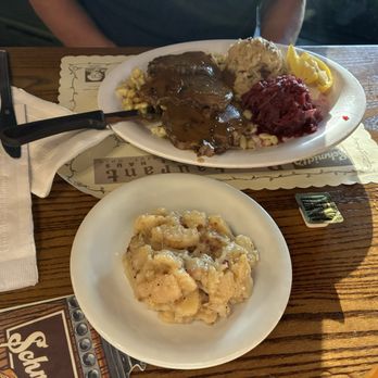 Schmidt's Sausage Haus - Sour Broughten, mashed potatoes, red cabbage with a side of German potato salad - German Near Me - Columbus, Ohio Schmidt's Sausage Haus - Sour Broughten, mashed potatoes, red cabbage with a side of German potato salad - German Near Me - Columbus, Ohio