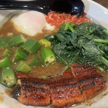 Oretachi Curry - Eel curry ramen with onsen egg, okra and added spinach - Ramen Near Me - Vancouver, British Columbia