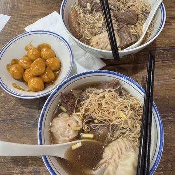Wonton Guy - Top: sliced beef with extra noodles (+$3) ($14~) Bottom: 2 topping with egg noodles ($12.75)  Asian Curry fishballs - Chinese Near Me - Edison, New Jersey