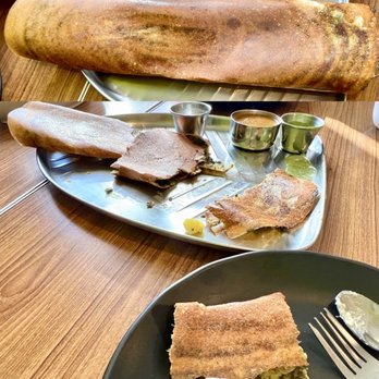Aahaar an Indian Eatery - Spinach Masala Dosa: giant thin crispy lentil rice crepe with a thin spread of creamy spinach potatoe masala inside. with 3 sauces. $10   5* - Indian Near Me - Snoqualmie, Washington