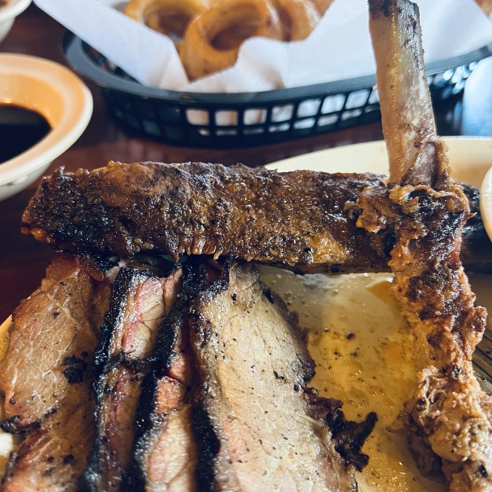 Brisket, ribs and onion rings.