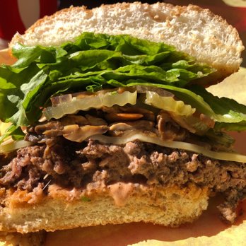 Sylvester's Burgers - This, this...this is what a mushroom burger looks like. Look at the layers! LOOK AT IT! LOOK! IT IS BEAUTIFUL! - Burgers Near Me - Los Osos, California