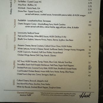 Husk Savannah - Menu as of 22 March 2024 - Southern Near Me - Savannah, Georgia Husk Savannah - Menu as of 22 March 2024 - Southern Near Me - Savannah, Georgia