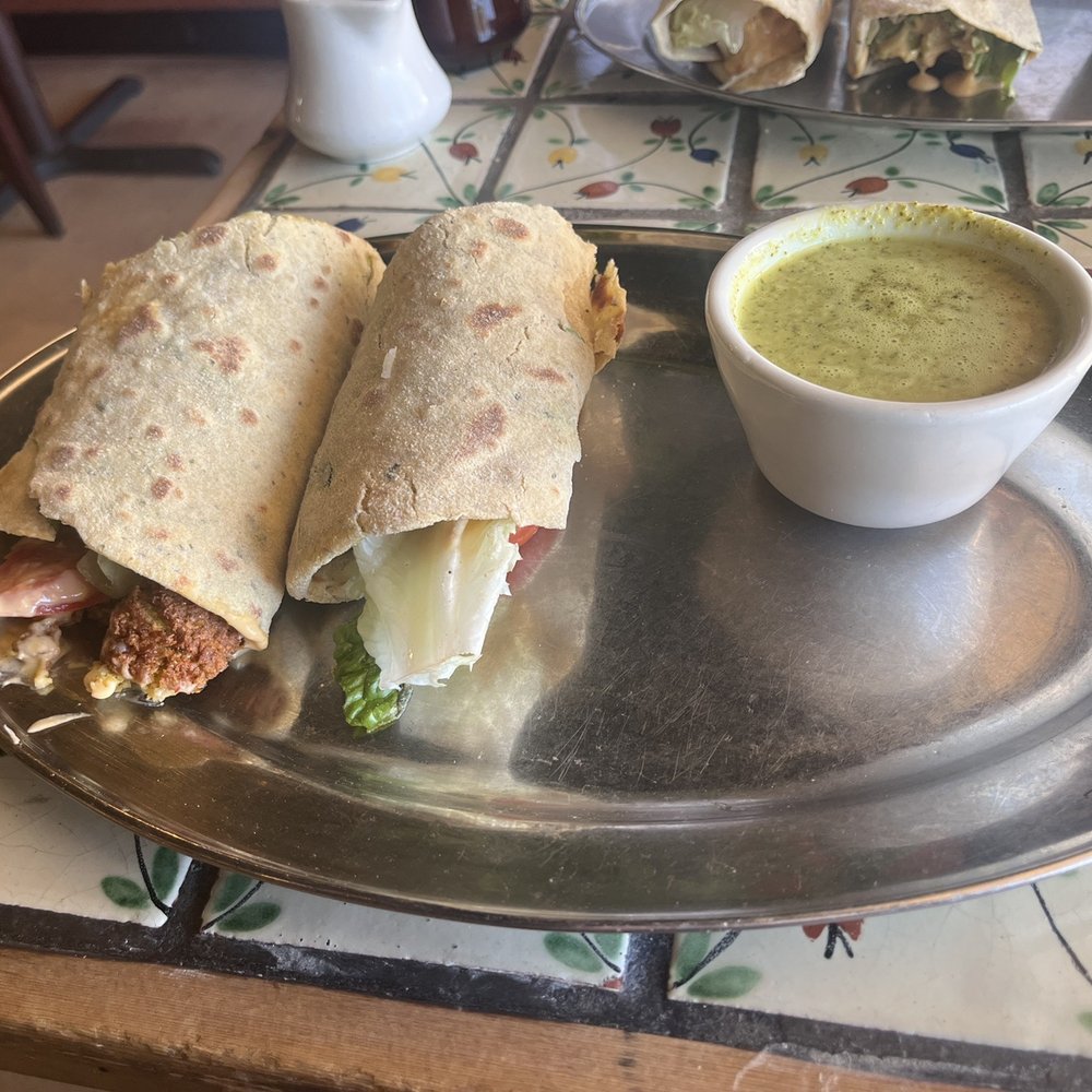 Annapurna's - Falafel Wrap with broccoli-almond soup - Vegetarian Near Me - Santa Fe, New Mexico Annapurna's - Falafel Wrap with broccoli-almond soup - Vegetarian Near Me - Santa Fe, New Mexico
