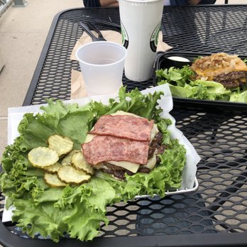 Burger Boss - Double burgers one lettuce wrapped with turkey bacon one one lettuce bed with Swiss cheese and grilled onions. Both excellent! - Burgers Near Me - Tustin, California Burger Boss - Double burgers one lettuce wrapped with turkey bacon one one lettuce bed with Swiss cheese and grilled onions. Both excellent! - Burgers Near Me - Tustin, California