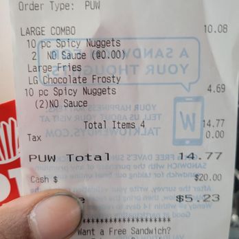 Wendy's - a hand holding a receipt - Burgers Near Me - Shaker Heights, Ohio Wendy's - a hand holding a receipt - Burgers Near Me - Shaker Heights, Ohio