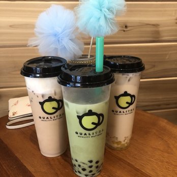 QualiTea - matcha blossom ($5.50), golden oolong with mango star jelly ($5.25), black tea with cream - Bubble Tea Near Me - San Francisco, California QualiTea - matcha blossom ($5.50), golden oolong with mango star jelly ($5.25), black tea with cream - Bubble Tea Near Me - San Francisco, California