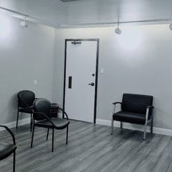 Seating area, chairs spaced 6 feet apart