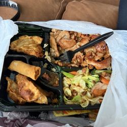 This is what I received. I asked for no cabbage and requested fried rice. The vegetables are not cooked done enough, so I skip them.