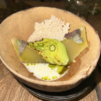 Meteora - Pacific Moonfish* arava melon, bird's eye chile, melon seed milk and macadamia nut, spruce needle, asin tibuok *without the Moonfish - New American Near Me - Los Angeles, California Meteora - Pacific Moonfish* arava melon, bird's eye chile, melon seed milk and macadamia nut, spruce needle, asin tibuok *without the Moonfish - New American Near Me - Los Angeles, California