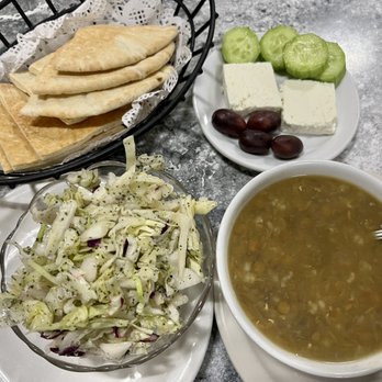 Sahara Middle Eastern Cuisine - Pita, cucumbers, feta, olives, cabbage salad, lentil soup - Middle Eastern Near Me - Pasadena, California
