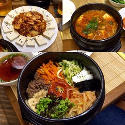 Our dinner: (top left clockwise): Dubu-kimchi, kimchi jjigae, bibimpap