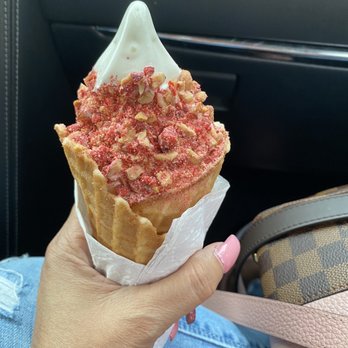Big Softie - Pink praline on vanilla soft serve and a waffle cone - Ice Cream & Frozen Yogurt Near Me - Atlanta, Georgia