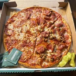 Papa Johns Pizza - Large double pepperoni, half spicy Italian sausage with double cheese.. SUPPOSE TO BE SQUARE CUT‼
