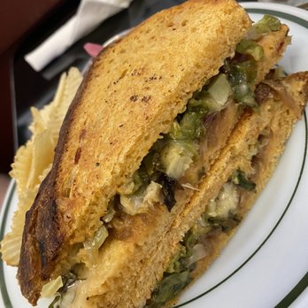 Pickford’s Sundries - Sprout Melt- Pickfords special sauce, carraway brussel sprouts, carnal used onions, fontina, red pepper sourdough - American Near Me - Tampa, Florida Pickford’s Sundries - Sprout Melt- Pickfords special sauce, carraway brussel sprouts, carnal used onions, fontina, red pepper sourdough - American Near Me - Tampa, Florida