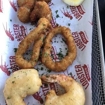 Lobster Shack - Top - 4 (!) tiny, tiny scallops - $2.50 AU each, 2 -calamari rings $2 AU each, 2 battered shrimp -$2 AU each - Restaurants Near Me - Bicheno, TAS