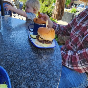 Mountain Burger - A cheese  burger and onion rings - Burgers Near Me - Bend, Oregon