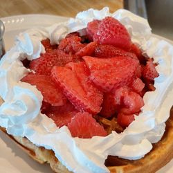 Belgian Waffle with strawberry compote and whipped cream