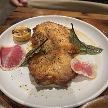 Manuela - Heritage Green Circle Half Chicken, Chili De Arbol, White Bbq Sauce, Watermelon Radish, Sorrel, Lemon - New American Near Me - Los Angeles, California Manuela - Heritage Green Circle Half Chicken, Chili De Arbol, White Bbq Sauce, Watermelon Radish, Sorrel, Lemon - New American Near Me - Los Angeles, California