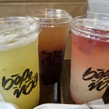 Bopomofo Cafe - (left to right) Kiwi Lemon Tea, BOG (blueberry, orange green tea), basil strawberry ginger lemonade - Bubble Tea Near Me - San Gabriel, California