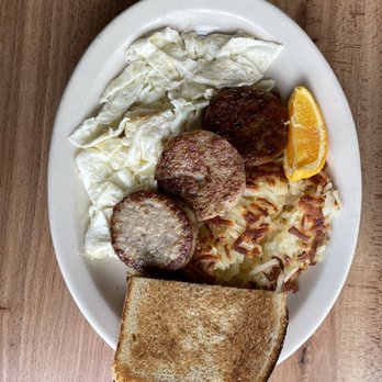 Lowell's Restaurant - Breakfast plate with sausage patties, egg whites and crispy hash browns - American Near Me - Seattle, Washington Lowell's Restaurant - Breakfast plate with sausage patties, egg whites and crispy hash browns - American Near Me - Seattle, Washington